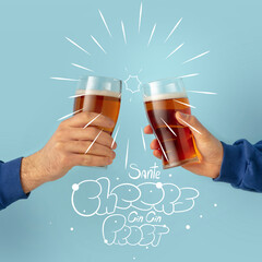 Contemporary art collage with two male hands holding beer glasses with craft light, cold beer. Concept of festival, national traditions, taste, drinks and holidays