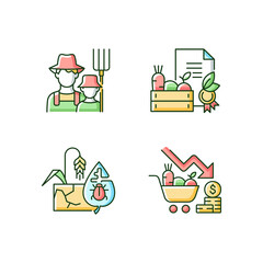 Agribusiness RGB color icons set. Farm business risks and failures. Certified organic goods. Family farming. Pests damage. Isolated vector illustrations. Simple filled line drawings collection