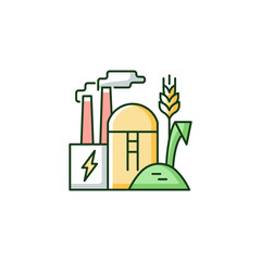 Production of biomass energy RGB color icon. Alternative energy made from organic material. Biomass production plant. Biofuel factory. Isolated vector illustration. Simple filled line drawing - obrazy, fototapety, plakaty