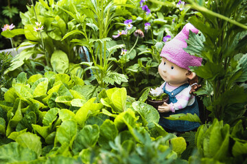 The garden figure of a dwarf girl stands in flowers. Concept garden decor.