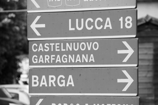 Italy road sign. Italy black white.