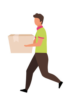 Man carries cardboard box semi flat color vector character. Walking figure. Full body person on white. Hand delivery isolated modern cartoon style illustration for graphic design and animation