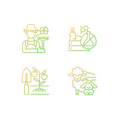 Work on farm gradient linear vector icons set. Chemical free goods production. Rural labor. Petting zoo. Thin line contour symbols bundle. Isolated vector outline illustrations collection
