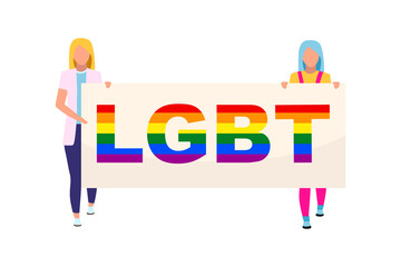 Girls with lgbt placard semi flat color vector characters. Full body people on white. Pride march. Organized public protest isolated modern cartoon style illustration for graphic design and animation