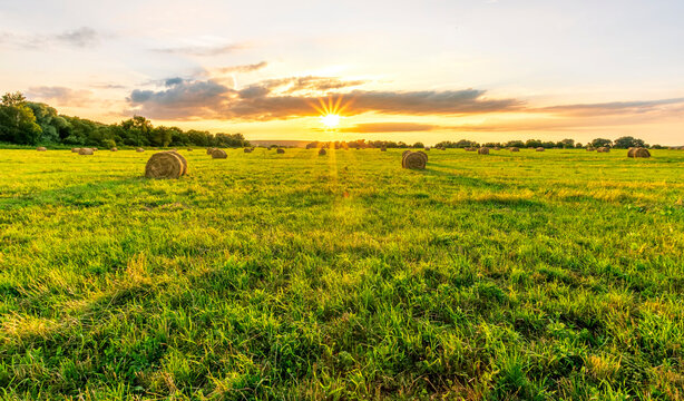 Scenic view at sunset or sunrise in green shiny field with hay stacks, bright cloudy sky, golden sun rays, summer valley landscape © Yaroslav