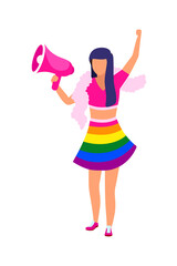 Girl with loudspeaker wearing rainbow outfit semi flat color vector character. Full body person on white. Pride festival isolated modern cartoon style illustration for graphic design and animation