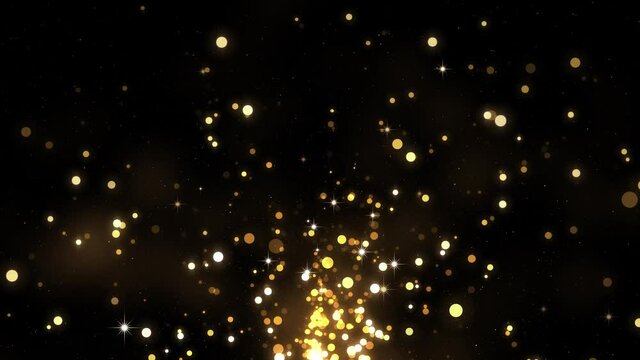 Background with gold glitter particles, bokeh. Shining golden confetti with magic light, glamour, holiday. Beautiful animated christmas background. Seamless loop