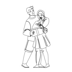 Boyfriend Give Gift For Girlfriend On Date Black Line Pencil Drawing Vector. Young Man Giving And Open Gift Box To Lovely Sweetheart Girl. Characters Couple Present And Relationship Illustration