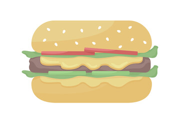 Cheeseburger semi flat color vector object. Full sized item on white. Eating fast food. Beef burger topped with cheese isolated modern cartoon style illustration for graphic design and animation
