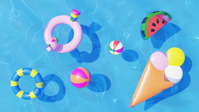 Summer illustration with inflatable circles and beach balls on blue water background. 3d rendering