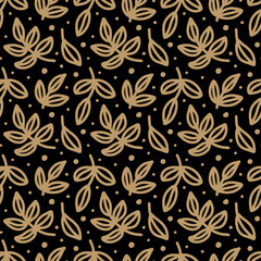 Contour gold tree branches on black background. Abstract Plant, Twigs with Leaves. Floral seamless pattern, vector texture for fashion textile print, fabric, wrapping, gift paper, package, invitation