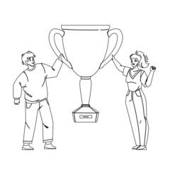 Goal Achievement Celebrate Couple With Cup Black Line Pencil Drawing Vector. Success Goal Achievement Celebrating Man And Woman And Holding Golden Mug. Characters People Win Championship Illustration