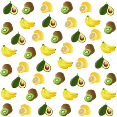 Vector seamless pattern with tropical fruits:kiwi fruit,banana,lemon and avocado.  