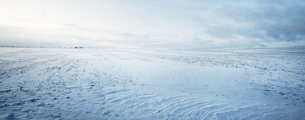 Panoramic view of the snow-covered field after a blizzard at sunset. Human tracks in a fresh snow. Ice desert. Dramatic cloudscape. Global warming theme. Lapland, Finland