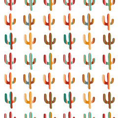 Cactus seamless pattern with serape ornament. Vector illustration with mexican motives. Abstract on white background.