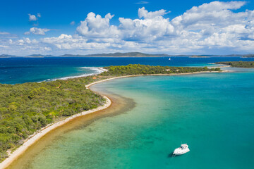 Amazing Adriatic coast in Croatia. Turquoise lagoon beach on Dugi Otok island, beautiful Mediterranean landscape. Yachting paradise.