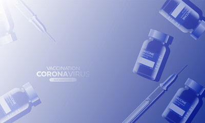 Landing page for coronavirus vaccination site. Drug preparations, vaccine, medical hand with syringe .Vector illustration	