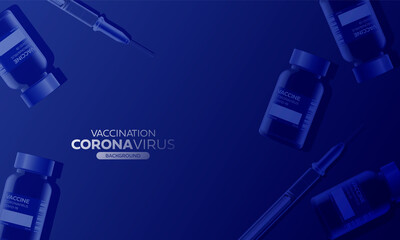 Landing page for coronavirus vaccination site. Drug preparations, vaccine, medical hand with syringe .Vector illustration	