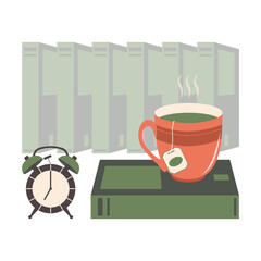 A cup of tea stands on a green book against the backdrop of a stack of paper textbooks in the library and a vintage alarm clock showing 7 a.m. Cozy reading at home or in the library. 