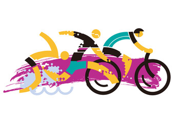 Three Triathlon Racers.
 Expressive dynamic drawing Three triathlon athletes on the grunge background. Vector available.