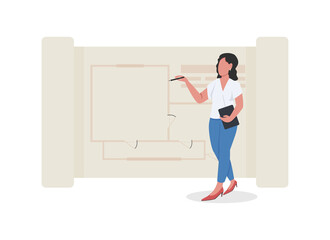 Architectural designer flat concept vector illustration. Female employee representing technical drawings isolated 2D cartoon character on white for web design. Plan for building work creative idea