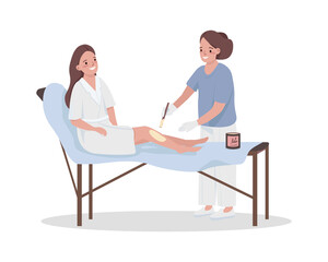 Depilatory master applies hot wax semi flat color vector characters. Full body people on white. Leg waxing procedure isolated modern cartoon style illustration for graphic design and animation