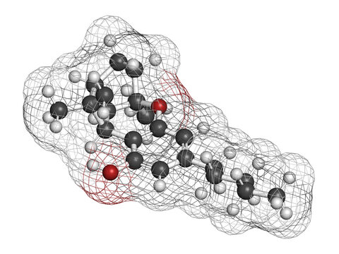 Cannabicyclol or CBL cannabinoid molecule. 3D rendering.