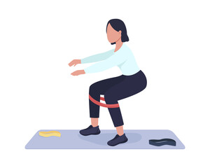 Woman doing squat exercise semi flat color vector character. Full body person on white. Workout with resistance band isolated modern cartoon style illustration for graphic design and animation