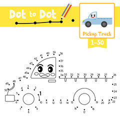Dot to dot educational game and Coloring book Pickup Truck cartoon character side view vector illustration
