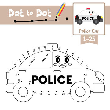 Dot to dot educational game and Coloring book Police Car cartoon character side view vector illustration