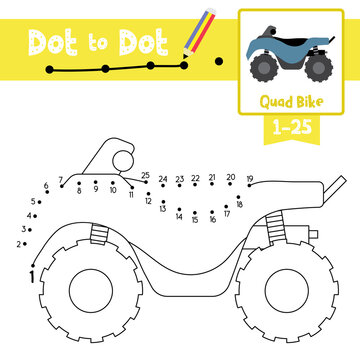 Dot to dot educational game and Coloring book Quad Bike cartoon character side view vector illustration