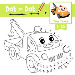 Dot to dot educational game and Coloring book Tow Truck cartoon character perspective view vector illustration