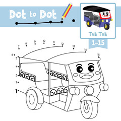 Dot to dot educational game and Coloring book Tuk Tuk cartoon character perspective view vector illustration
