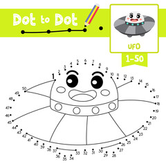 Dot to dot educational game and Coloring book UFO cartoon character perspective view vector illustration