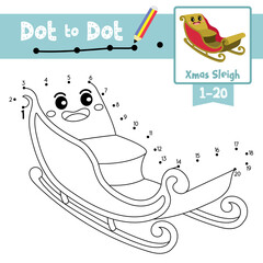 Dot to dot educational game and Coloring book Xmas Sleigh cartoon character perspective view vector illustration