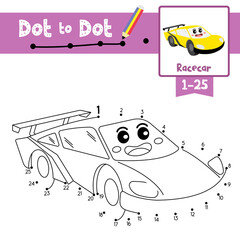 Dot to dot educational game and Coloring book Racecar cartoon character perspective view vector illustration