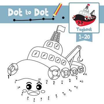 Dot to dot educational game and Coloring book Tugboat cartoon character perspective view vector illustration