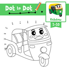 Dot to dot educational game and Coloring book Auto Rickshaw cartoon character perspective view vector illustration