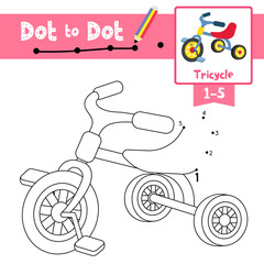 Dot to dot educational game and Coloring book Children Tricycle cartoon character perspective view vector illustration