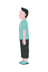 Side view male preschooler semi flat color vector character. Standing figure. Full body person on white. Elementary student isolated modern cartoon style illustration for graphic design and animation