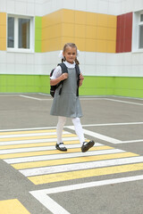 a cute little schoolgirl in a school uniform holds a backpack and smiles at the camera. Return to school. Knowledge Day