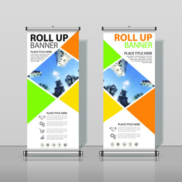 Yellow, Orange, Green Roll up Business Banner Design Abstract Vertical Template Vector, Cover Abstract Modern X-Banner, Brochure Flyer Banner Rectangle Size.