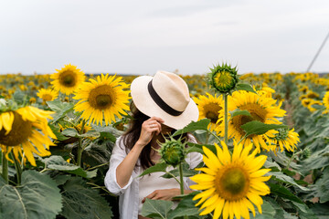 Beautiful girl in field of sunflowers