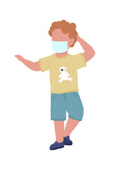 Absent-minded child with face mask semi flat color vector character. Full body person on white. Forgetful male kid isolated modern cartoon style illustration for graphic design and animation