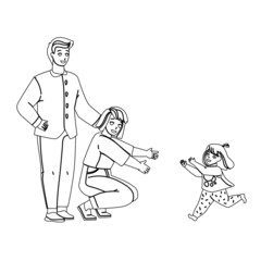 Kid Adoption Young Man And Woman Parents Black Line Pencil Drawing Vector. New Father And Mother Daughter Kid Adoption, Happy Child Girl Running To Mom Embrace. Parenting And Childcare Illustration