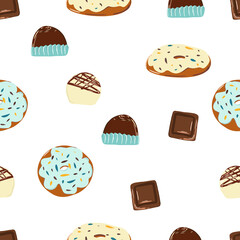 Seamless pattern with chocolates and donuts. Donut with icing and chocolate chips, bakery, chocolate bar, isolated pieces, milk and white chocolate. Cartoon illustration, modern design. Vector, Print