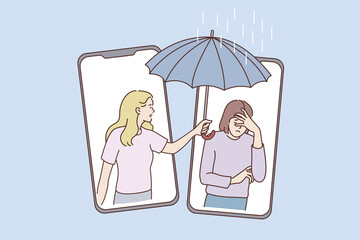 Internet communication and smartphones concept. Young smiling girl helping and giving umbrella to sad girl from smartphone screen online vector illustration 