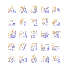 Business assets gradient linear vector icons set. Company owned items. Plants ownership. Resources for productivity. Thin line contour symbols bundle. Isolated vector outline illustrations collection