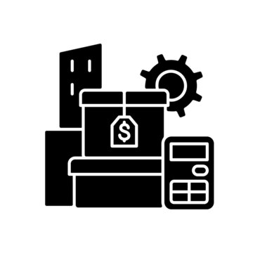 Assets management black glyph icon. Operating, maintaining, upgrading, and disposing. Money service. Financial goals identification. Silhouette symbol on white space. Vector isolated illustration