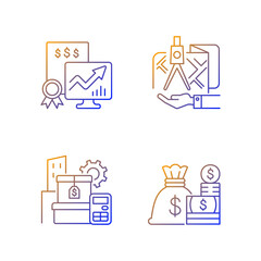 Assets management gradient linear vector icons set. Cash and marketable securities. Public stock. Land owning. Thin line contour symbols bundle. Isolated vector outline illustrations collection